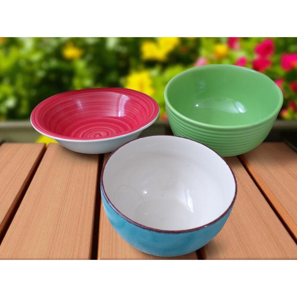 (3) Royal Norfolk Bowls Glazed Stoneware Small Green Rib Red Swirl Turquoise - Picture 2 of 7
